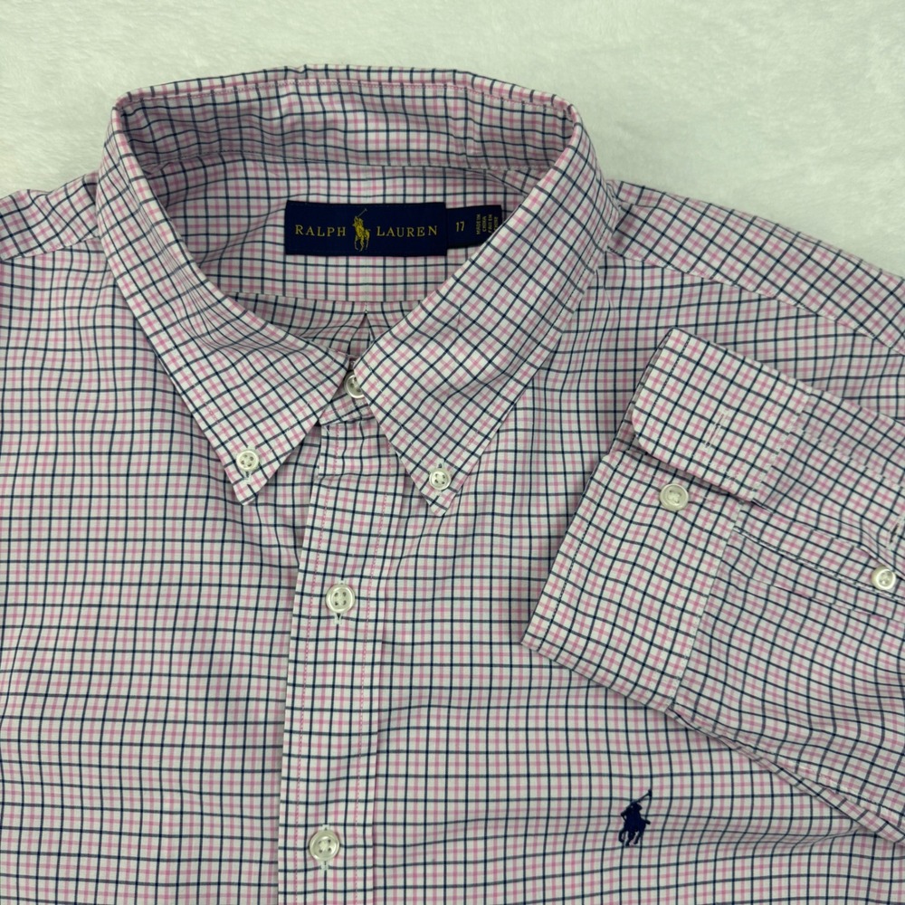 Ralph Lauren Mens 17 Dress Shirt Pink Navy Tattersall Check Cotton Pony Logo